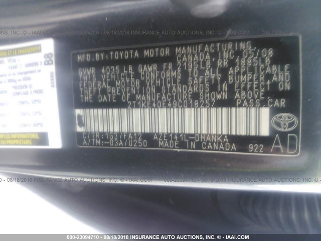 2T1KE40E49C018257 - 2009 TOYOTA COROLLA MATRIX S GRAY photo 9