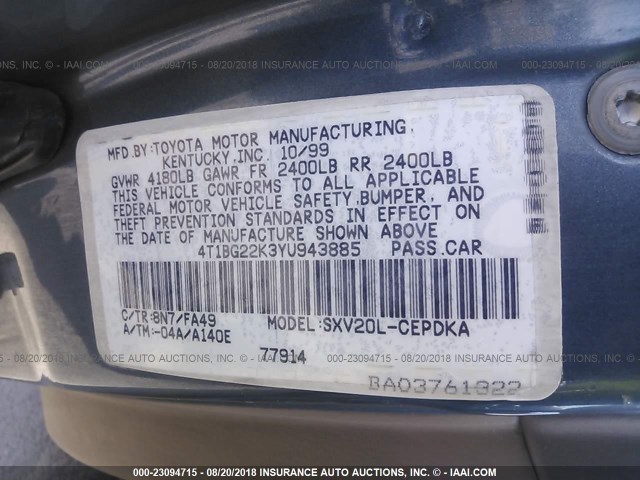 4T1BG22K3YU943885 - 2000 TOYOTA CAMRY CE/LE/XLE 蓝色 照片 9