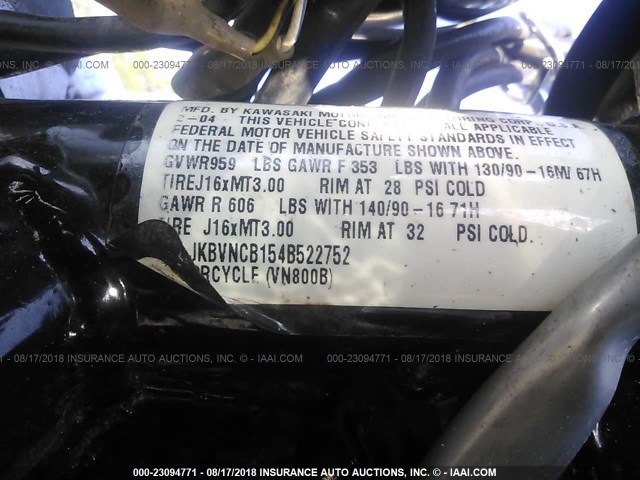 JKBVNCB154B522752 - 2004 KAWASAKI VN800 B BLACK photo 10