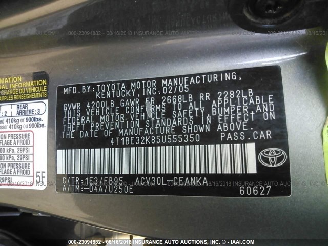 4T1BE32K85U555350 - 2005 TOYOTA CAMRY LE/XLE/SE Boz foto 9
