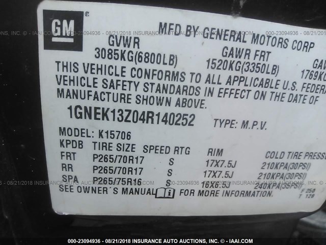 1GNEK13Z04R140252 - 2004 CHEVROLET TAHOE K1500 BURGUNDY photo 9