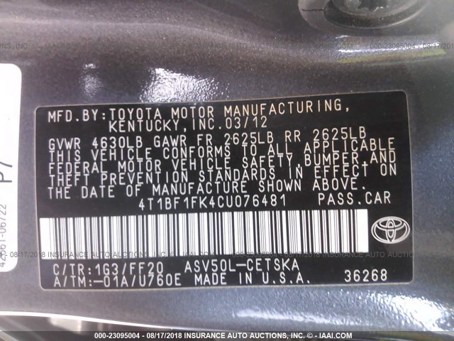 4T1BF1FK4CU076481 - 2012 TOYOTA CAMRY SE/LE/XLE GRAY photo 9