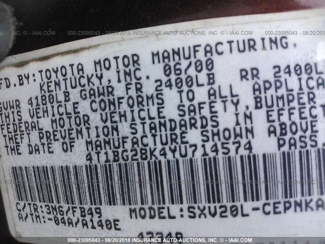 4T1BG28K4YU714574 - 2000 TOYOTA CAMRY CE/LE/XLE ბურგუნდია ფოტო 9