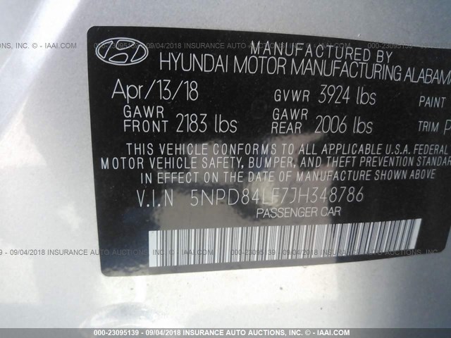 5NPD84LF7JH348786 - 2018 HYUNDAI ELANTRA SEL/VALUE/LIMITED SILVER photo 9