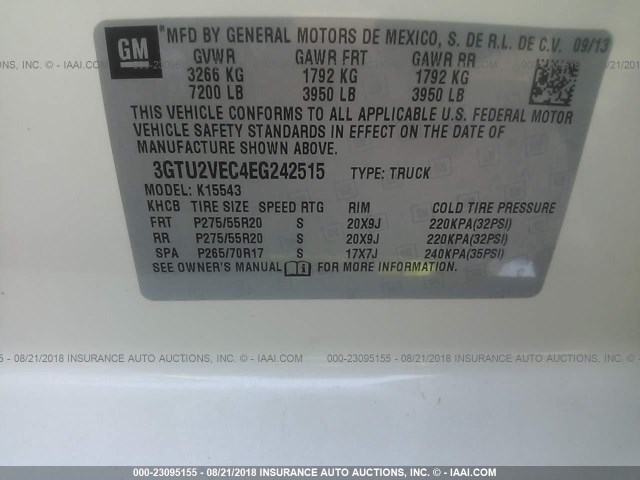 3GTU2VEC4EG242515 - 2014 GMC SIERRA K1500 SLT WHITE photo 9