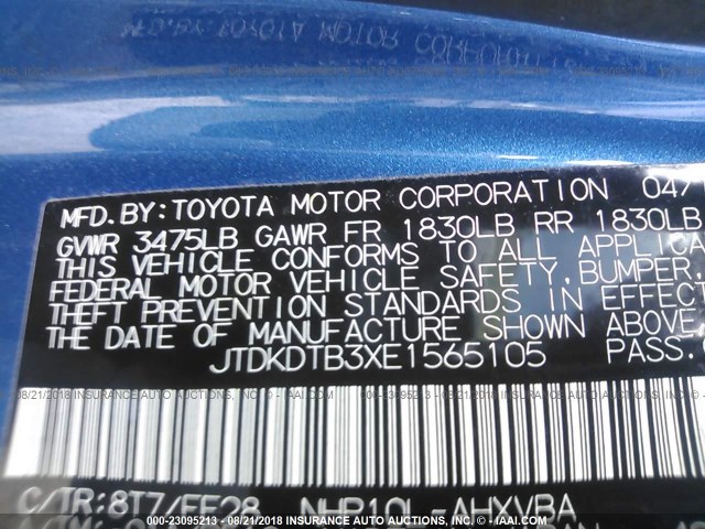 JTDKDTB3XE1565105 - 2014 TOYOTA PRIUS C BLUE photo 9