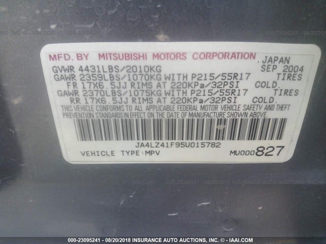 JA4LZ41F95U015782 - 2005 MITSUBISHI OUTLANDER XLS GRAY photo 9