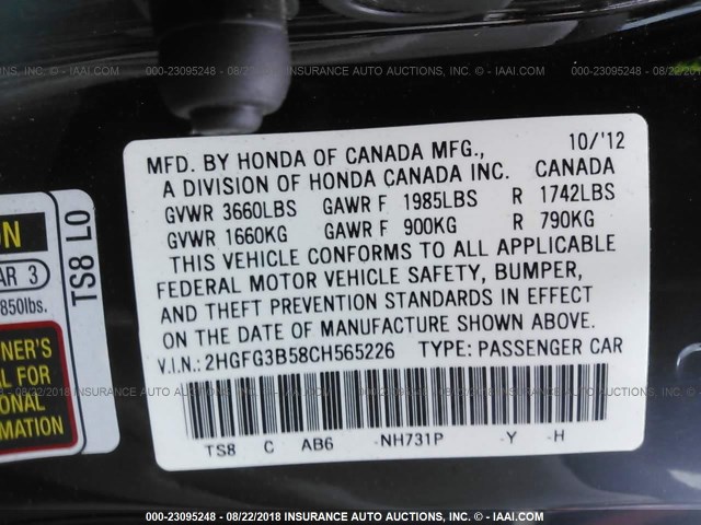 2HGFG3B58CH565226 - 2012 HONDA CIVIC LX BLACK photo 9