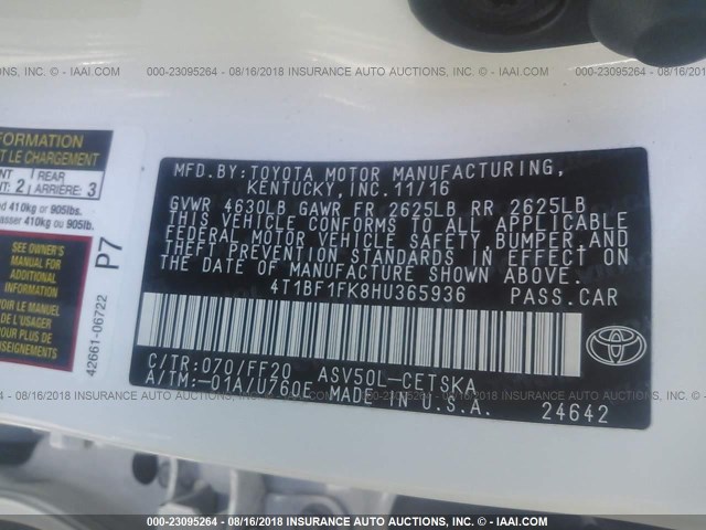 4T1BF1FK8HU365936 - 2017 TOYOTA CAMRY LE/XLE/SE/XSE 白色 照片 9