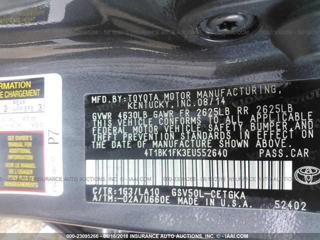 4T1BK1FK3EU552640 - 2014 TOYOTA CAMRY SE/XLE GRAY photo 9