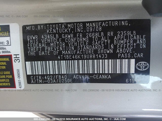 4T1BE46K19U881433 - 2009 TOYOTA CAMRY SE/LE/XLE ოქროსფერი ფოტო 9