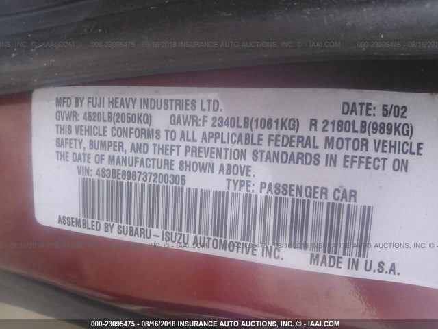 4S3BE896737200305 - 2003 SUBARU LEGACY OUTBACK 3.0 H6/3.0 H6 VDC MAROON photo 9