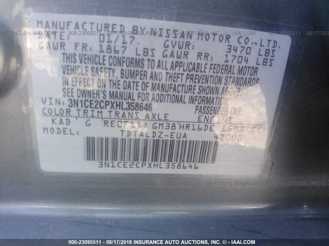 3N1CE2CPXHL358646 - 2017 NISSAN VERSA NOTE S/S PLUS/SV/SL/SR GRAY photo 9