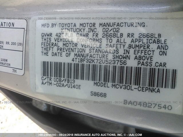 4T1BF32K72U523756 - 2002 TOYOTA CAMRY LE/XLE/SE Күміс фото 9