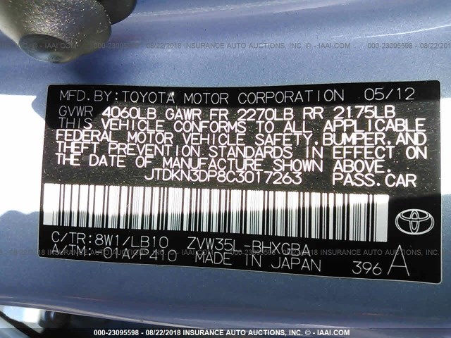 JTDKN3DP8C3017263 - 2012 TOYOTA PRIUS PLUG-IN  Light Blue photo 9