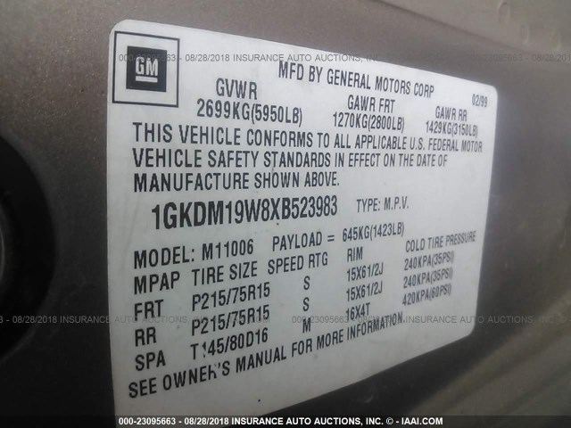 1GKDM19W8XB523983 - 1999 GMC SAFARI XT BEIGE photo 9