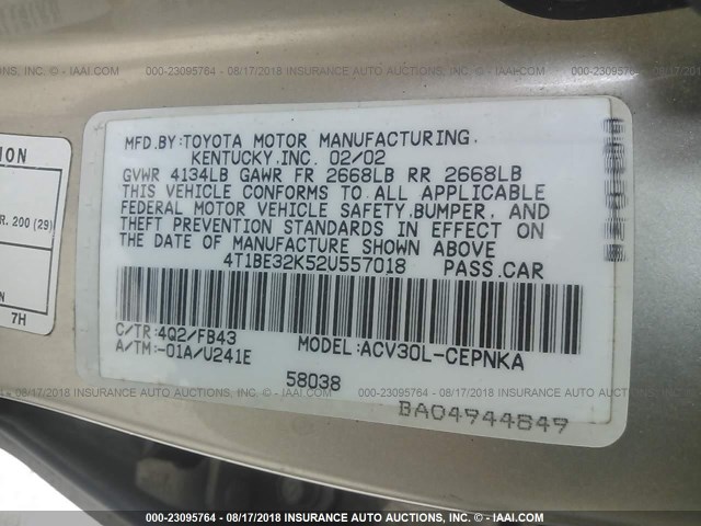 4T1BE32K52U557018 - 2002 TOYOTA CAMRY LE/XLE/SE 金色 照片 9