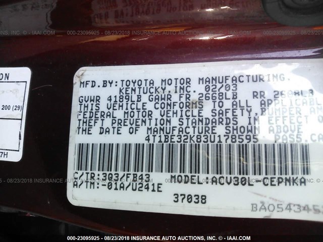 4T1BE32K83U178595 - 2003 TOYOTA CAMRY LE/XLE/SE 红色 照片 9