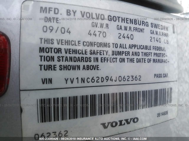 YV1NC62D94J062362 - 2004 VOLVO C70 HPT SILVER photo 9