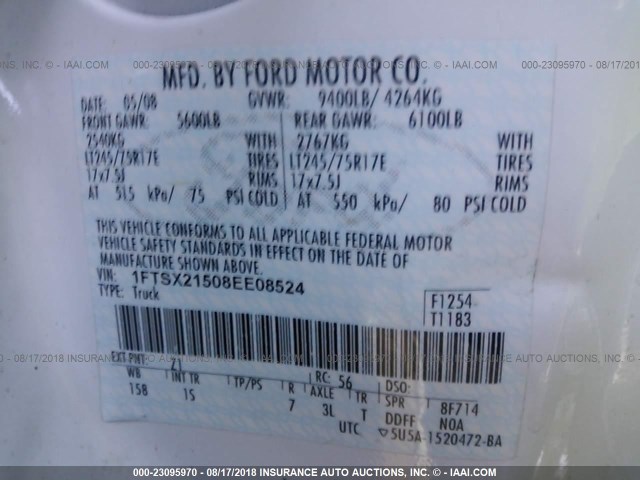 1FTSX21508EE08524 - 2008 FORD F250 WHITE photo 10