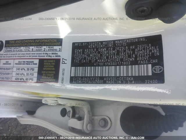 4T1BF1FK5GU171802 - 2016 TOYOTA CAMRY LE/XLE/SE/XSE 白色 照片 9