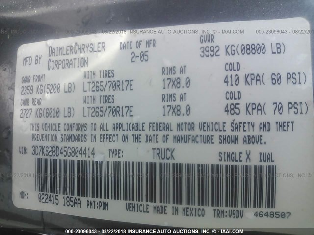3D7KS28D45G804414 - 2005 DODGE RAM 2500 ST/SLT 灰色 照片 9