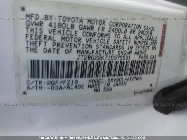 JT2BG22K710579531 - 2001 TOYOTA CAMRY CE/LE/XLE 白色 照片 9