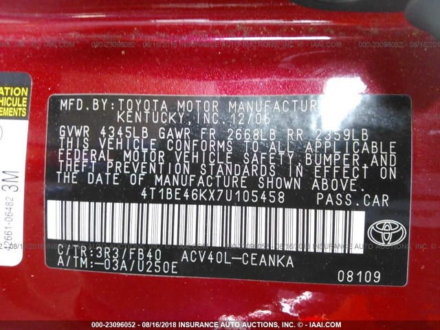 4T1BE46KX7U105458 - 2007 TOYOTA CAMRY NEW GENERAT CE/LE/XLE/SE RED photo 9