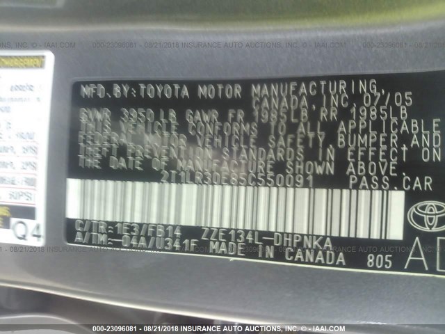 2T1LR30E85C550091 - 2005 TOYOTA COROLLA MATRIX XR GRAY photo 9