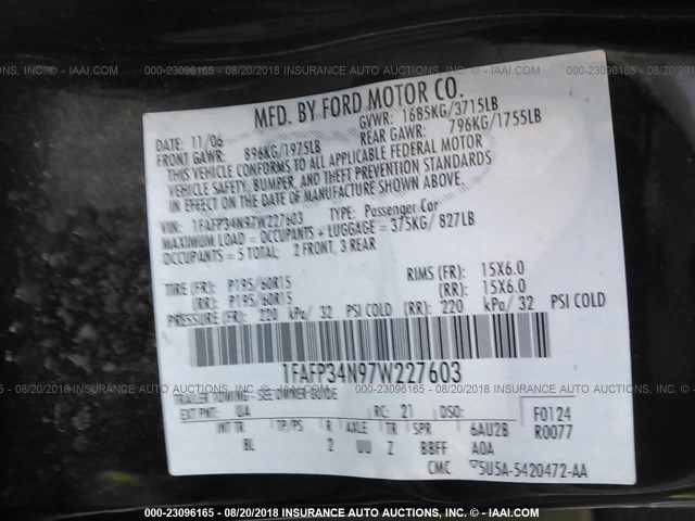 1FAFP34N97W227603 - 2007 FORD FOCUS ZX4/S/SE/SES 黑色 照片 9