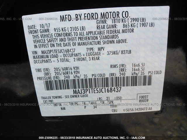 MAJ3P1TE5JC168437 - 2018 FORD ECOSPORT SE BLACK photo 9