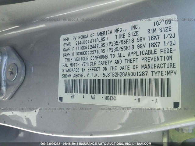 5J8TB2H28AA001287 - 2010 ACURA RDX SILVER photo 9