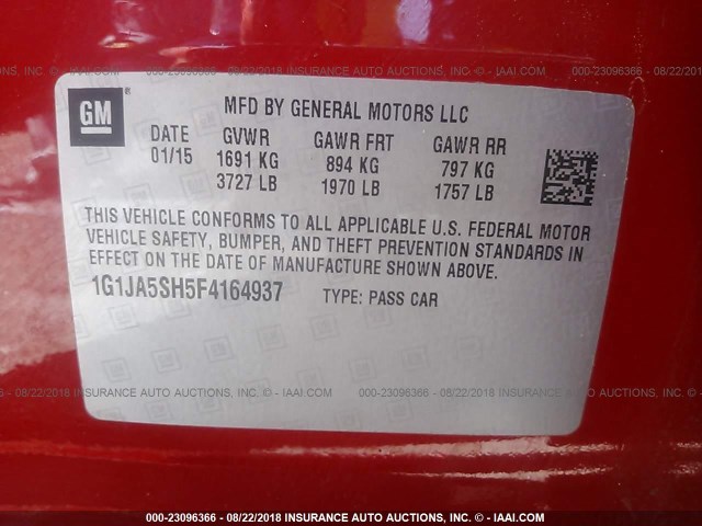 1G1JA5SH5F4164937 - 2015 CHEVROLET SONIC LS RED photo 9
