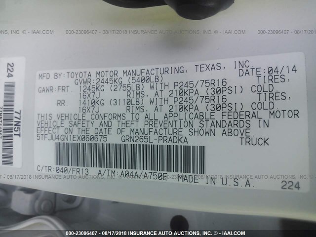 5TFJU4GN1EX060675 - 2014 TOYOTA TACOMA DOUBLE CAB PRERUNNER WHITE photo 9