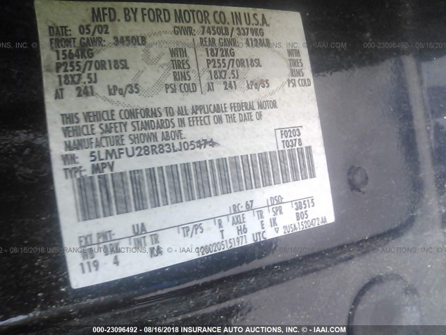 5LMFU28R83LJ05474 - 2003 LINCOLN NAVIGATOR შავი ფოტო 9