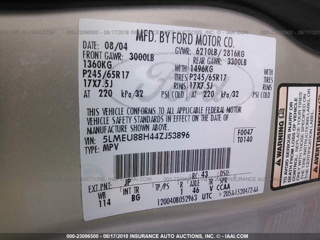 5LMEU88H44ZJ53896 - 2004 LINCOLN AVIATOR 银色 照片 9