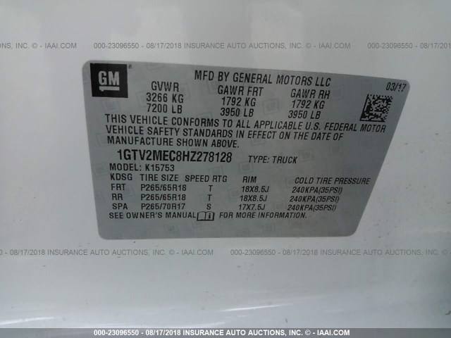 1GTV2MEC8HZ278128 - 2017 GMC SIERRA K1500 SLE WHITE photo 9