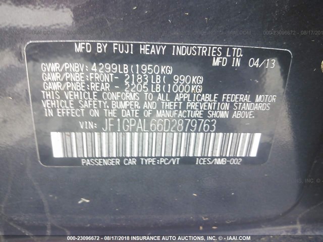 JF1GPAL66D2879763 - 2013 SUBARU IMPREZA SPORT PREMIUM GRAY photo 9