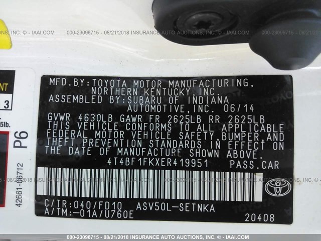 4T4BF1FKXER419951 - 2014 TOYOTA CAMRY L/SE/LE/XLE 白色 照片 9