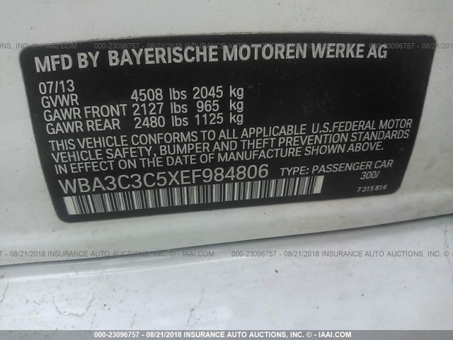 WBA3C3C5XEF984806 - 2014 BMW 320 I/XDRIVE WHITE photo 9