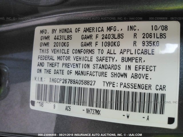 1HGCP26789A058827 - 2009 HONDA ACCORD EX GRAY photo 9