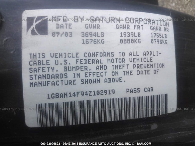 1G8AN14F94Z102919 - 2004 SATURN ION LEVEL 2 黑色 照片 9