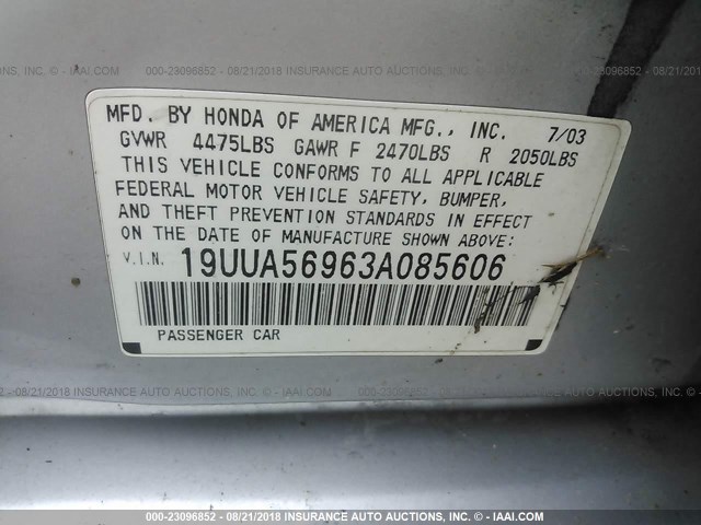 19UUA56963A085606 - 2003 ACURA 3.2TL TYPE-S SILVER photo 9