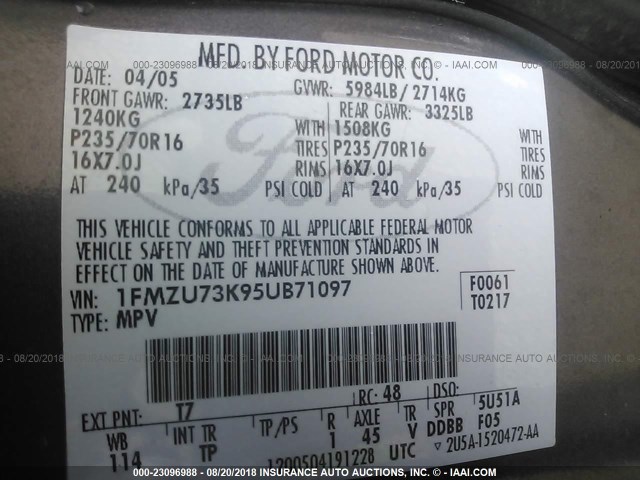 1FMZU73K95UB71097 - 2005 FORD EXPLORER XLT/XLT SPORT/NBX 棕色 照片 9