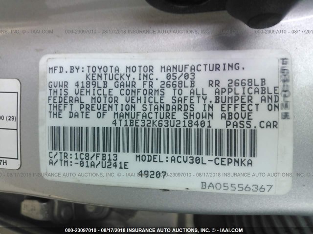 4T1BE32K63U218401 - 2003 TOYOTA CAMRY LE/XLE/SE 灰色 照片 9