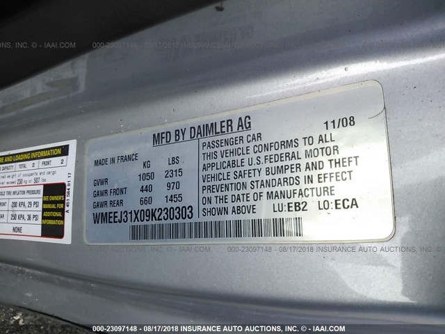 WMEEJ31X09K230303 - 2009 SMART FORTWO PURE/PASSION BLACK photo 9