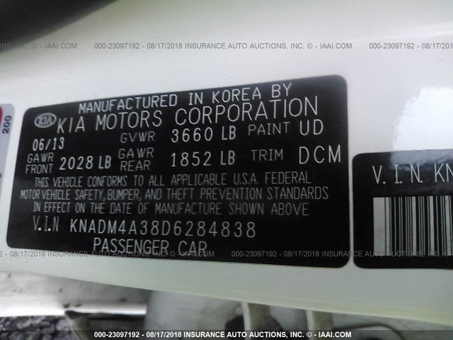 KNADM4A38D6284838 - 2013 KIA RIO LX WHITE photo 9