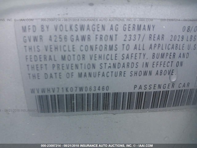 WVWHV71K07W063460 - 2007 VOLKSWAGEN NEW GTI SILVER photo 9