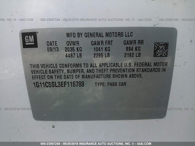 1G11C5SL3EF116788 - 2014 CHEVROLET MALIBU 1LT თეთრი ფოტო 9