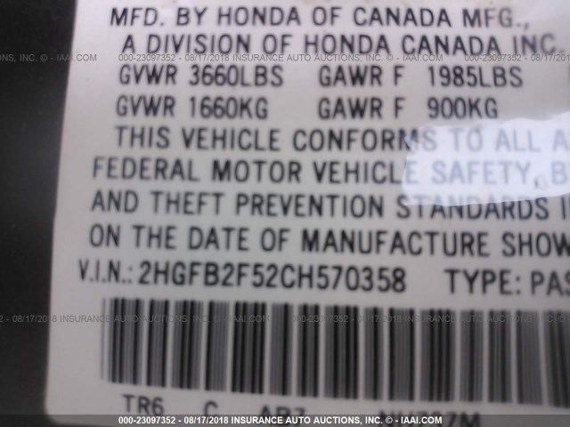 2HGFB2F52CH570358 - 2012 HONDA CIVIC LX GRAY photo 9